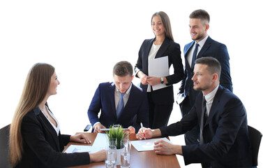 Canvas Print - startup business team on meeting, brainstorming, working on laptop and tablet computer on a transparent background