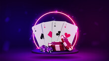 3D Chips, Dice And Cards For Poker And Casino On The Podium With A Bright Neon Arch In Blue And Purple On A Light Background.