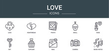 Set Of 10 Outline Web Love Icons Such As Lock, Heartbreak, Photo, Skull, Rose, Key, Cupcake Vector Icons For Report, Presentation, Diagram, Web Design, Mobile App