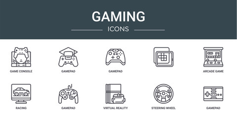 Wall Mural - set of 10 outline web gaming icons such as game console, gamepad, gamepad, , arcade game, racing, gamepad vector icons for report, presentation, diagram, web design, mobile app