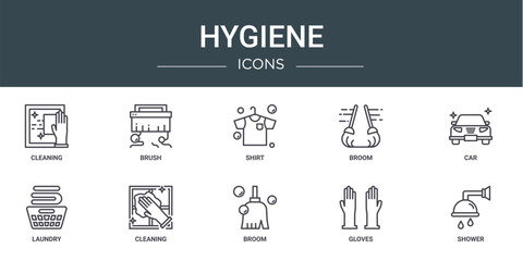 Wall Mural - set of 10 outline web hygiene icons such as cleaning, brush, shirt, broom, car, laundry, cleaning vector icons for report, presentation, diagram, web design, mobile app