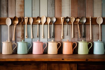 Sticker - A scene captured in a home kitchen A retro coffee pot, mugs with enamel coating, and old wooden spoons with rustic charm are arranged against a backdrop of a barn wall. The colors used are gentle