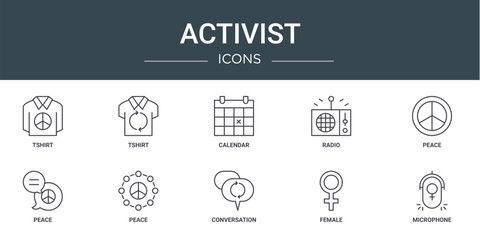 Wall Mural - set of 10 outline web activist icons such as tshirt, tshirt, calendar, radio, peace, peace, peace vector icons for report, presentation, diagram, web design, mobile app