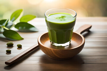 green matcha or maccha tea in a glass on natural background, detox and healthy drink created with generative ai technology