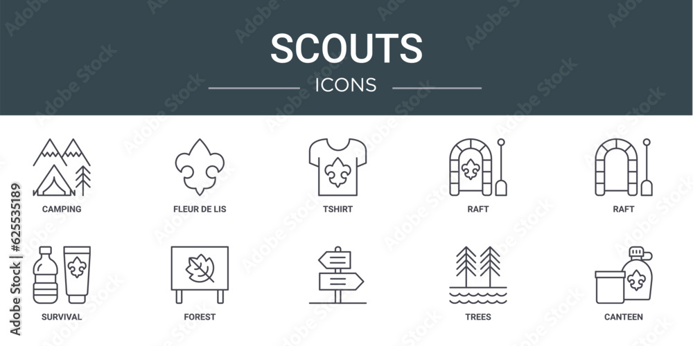 set of 10 outline web scouts icons such as camping, fleur de lis ...
