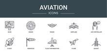 Set Of 10 Outline Web Aviation Icons Such As Scan, Radar, Badge, Airplane, Air Controller, Flight, Windsock Vector Icons For Report, Presentation, Diagram, Web Design, Mobile App