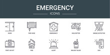 set of 10 outline web emergency icons such as door, fire hose, emergency, helicopter, smoke detector, first aid kit, fire vector icons for report, presentation, diagram, web design, mobile app