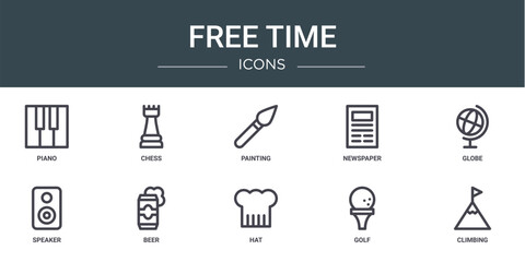 Wall Mural - set of 10 outline web free time icons such as piano, chess, painting, newspaper, globe, speaker, beer vector icons for report, presentation, diagram, web design, mobile app