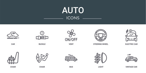 Wall Mural - set of 10 outline web auto icons such as car, buckle, vent, steering wheel, electric car, chair, chair vector icons for report, presentation, diagram, web design, mobile app