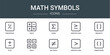 set of 10 outline web math symbols icons such as percentage, math, sigma, greater than, brackets, plus, math vector icons for report, presentation, diagram, web design, mobile app