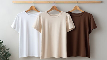 plain t-shirts of different colors hang on a hanger, store interior blur.