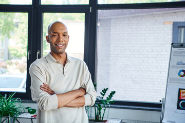 Wall Mural - professional headshots, happy african american businessman with eye syndrome looking at camera and standing with folded arms, myasthenia gravis, dark skinned and bold office worker