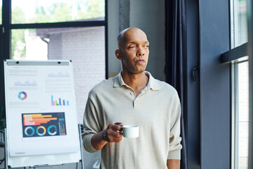 Wall Mural - chronic illness, inclusion, african american man with myasthenia gravis disease holding cup of coffee, pensive and dark skinned office worker in casual attire standing near window, infographics