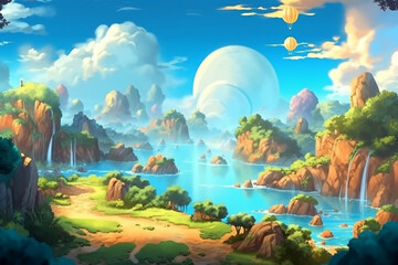 Wall Mural - Cartoon landscape with sea, island and sky - illustration for children generative ai