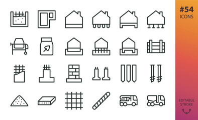 house foundation isolated icons set. set of formwork, concrete piles, iron screw pile, monolithic st