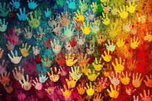 Colorful Hand Prints On Watercolor Paper Background. Abstract Background. Generative Ai