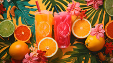 Tropic Cocktails On Tropical Background. Colorful Holidays Set With Cocktails, Palm Tree Leaves And Citrus Fruits. African Banner With Tropic Drinks And Exotic Monstera And Palm Leaves. AI Generated