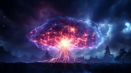 Wall Mural - ethereal tree with roots neural network explosion of neurons - generative ai