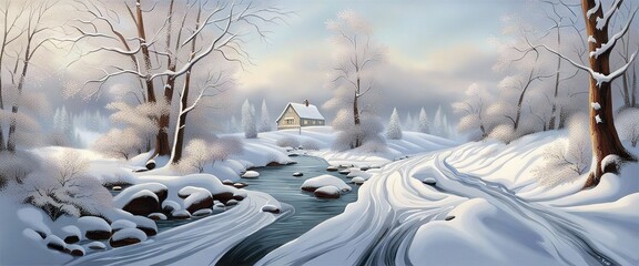 Banner winter landscape in the mountains snow-covered forest with a house