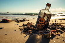 An Enticing Image Of An Open Bottle With A Pirate's Message Inside, Washed Up On A Sandy Beach. 
The Photo Suggests Mystery, Secrets, And Exciting Stories Of High Sea Escapades.