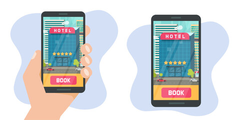 Poster - Hotel book online app on mobile cell phone vector icon graphic illustration, flat cartoon house apartment internet web searching service, order 5 star accommodation image clipart