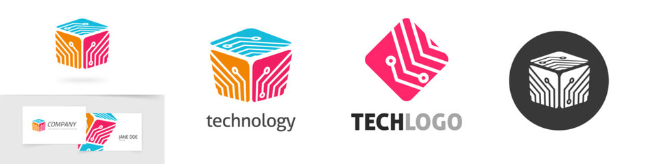 Poster - Technology logo icon vector graphic, digital tech circuit chip science logotype, electronic microchip microcircuit modern design clipart image, microcontroller semiconductor company symbol