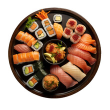 Top View Of A Round Sushi Box With Various Delicious Fresh Sushi In A Black Bowl. Take Away Food Isolated On White.