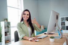 Photo Of Satisfied Attractive It Company Ceo Sit Chair Use Computer Demonstrate Thumb Up Approval Modern Interior Workstation Indoors