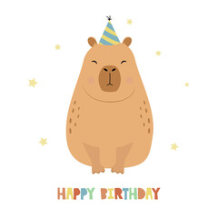 Wall Mural - Capybara sit in a party hat, greeting card, isolated on white background