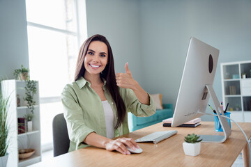 Poster - Photo of satisfied attractive it company ceo sit chair use computer demonstrate thumb up approval modern interior workstation indoors