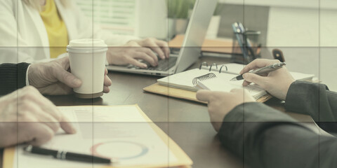 Poster - Group of three people working together, geometric pattern