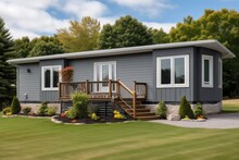 A Lovely Sky Serves As The Backdrop For A Grey Trailer Home That Features A Stone Foundation Or Skirting, As Well As Shutters In The Front.