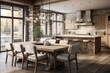 © The 2R Artificiality - Luxurious home dining room and kitchen interior featuring a natural rustic modern design, incorporating shades of linen, beige, and light oak.