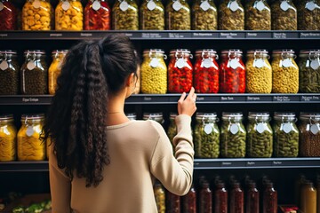 Wall Mural - Woman choosing canned vegetables while grocery shopping in a supermarket, generative ai