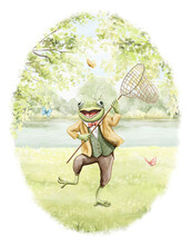 Watercolor Composition With Funny Frog Toad Animal In Vintage Costume Catches Butterflies With Net On Grass In Summer Green Landscape Isolated On White Background. Hand Drawn Illustration Sketch