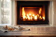 © Yasir - fireplace with christmas decorations, cosy home interior background Table top with blurred fireplace, fireplace, fireplace, Ai Generate
