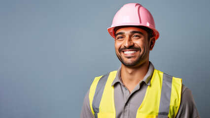 Portrait of man worker or engineer with a safety vest and hardhat isolated on gray background. Concept for labor day. AI Generated.