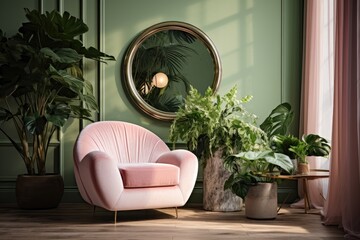 Wall Mural - A home interior with a touch of minimalistic and luxurious style, featuring soft pastel pink tones, complemented by a plush green velvet armchair, adorned with plants and a mirror.