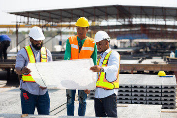 Wall Mural - african american architect Engineering man in safety hardhat looking at blueprint at factory industrial facilities. Heavy Industry Manufacturing Factory. Prefabricated concrete walls