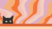 Retro Groovy Background With Cute Black Cat. Abstract Horizontal Backdrop In Retro Style 60s, 70s. Colorful Ripple Waves And Kitten Head Face Silhouette. Comic Funky Vector Illustration