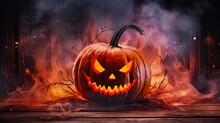 Spooky Halloween Pumpkin On Wooden Planks With Autumn Background And Stripes Banner: Generative AI