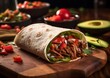 barbacoa served inside a soft tortilla wrap, accompanied by a vibrant array of avocado slices, cherry tomatoes, and lime wedges