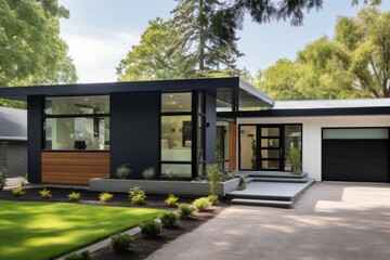 Poster - Exterior photograph of a modern looking residential home featuring a freshly painted facade.