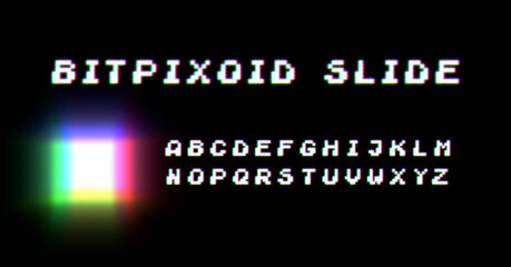 Retro 80s styled typeface with neon glow. Pixel video game 8bit font. Set of retro style latin capital letters, numbers and punctuation signs.