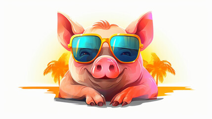 cartoon colorful pig with sunglasses isolated on white background