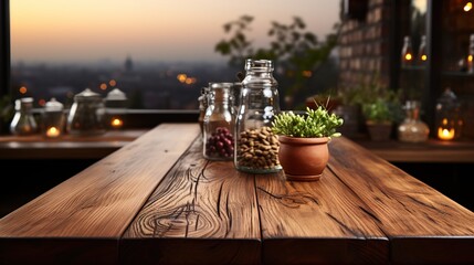 Wall Mural - a front view of a dark rustic brown, empty wooden table for product placement with blurry background, serving as a blank wood table mockup, Ai generative
