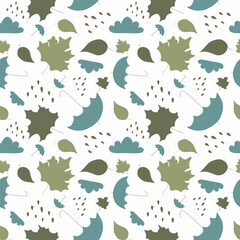 Wall Mural - Seamless Autumn Rainy Flat pattern. Vector color illustration with Umbrella, Cloud, Rain, Leaves. Weather Cartoon background for Textile, Banner, Cover, Wrapping paper, Packaging.
