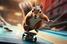 An Energetic Squirrel In A Skateboard Rushes Down A Ramp At A Skatepark.