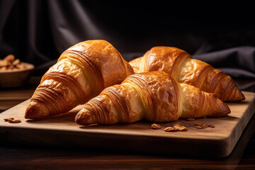 Wall Mural - croissants on wooden table, generative ai