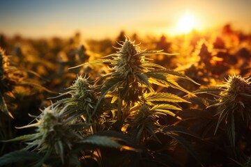 Wall Mural - Medical flowering marijuana plants in field in sunlight background. Cannabis plant with flower buds.  